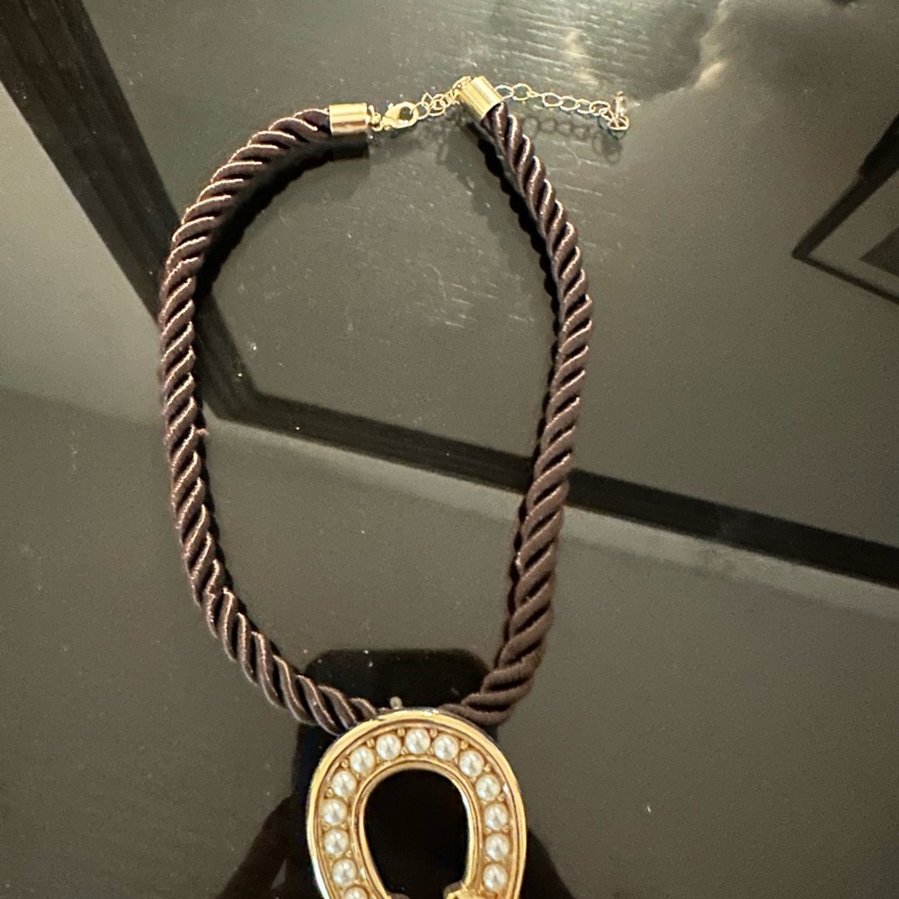 Gold-Tone Crystal Horseshoe Pendant Necklace in Brown